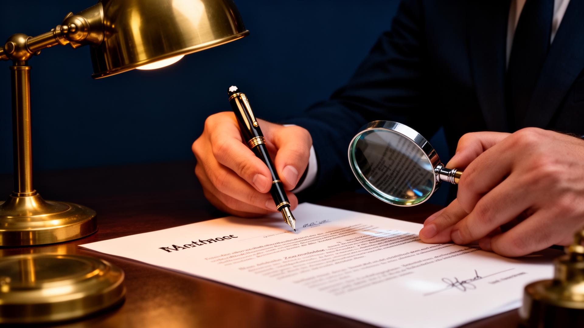 Hand mit Füllfederhalter und Lupe über einem Vertragsdokument unter goldener Tischlampe
