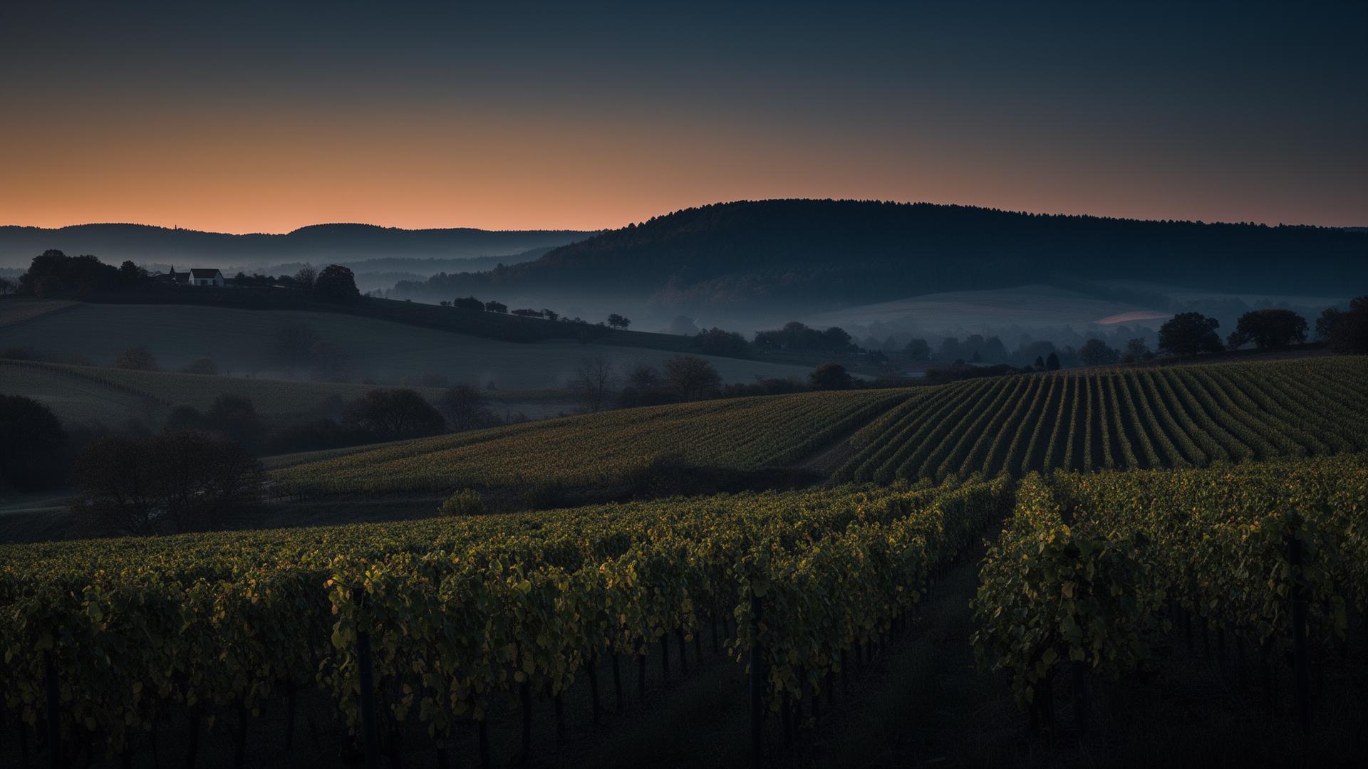 Weinberge der Südpfalz in der Abenddämmerung